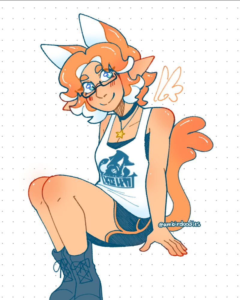 a drawing of fufu's inksona, an inkling with fluffy curly orange hair and long fox-ears, as well as a long ink tail wearing a tank top and glasses.
