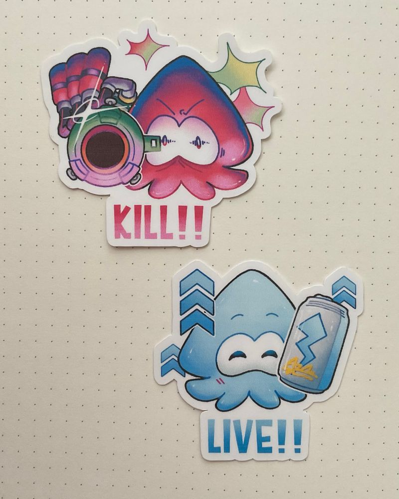 a pair of stickers- one of them is of a red squid pointing a trizooka with an angry expression and several blasts, over the word “KILL!!” the other is of a blue squid happily holding a tacticooler drink with the boost icons surrounding it, over the word “LIVE!!”