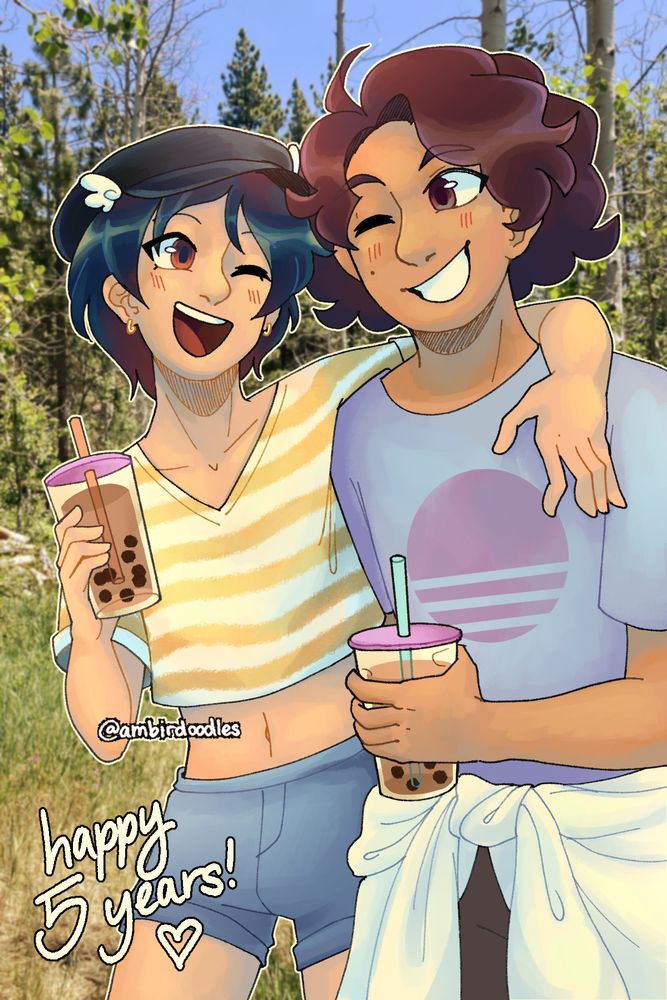 an illustration of ambird slinging an arm over silver's shoulder. both of them are wearing summer clothes, holding boba drinks and smiling at each other! the background is a slightly blurred photo of a forest. the text reads, "happy 5 years!"