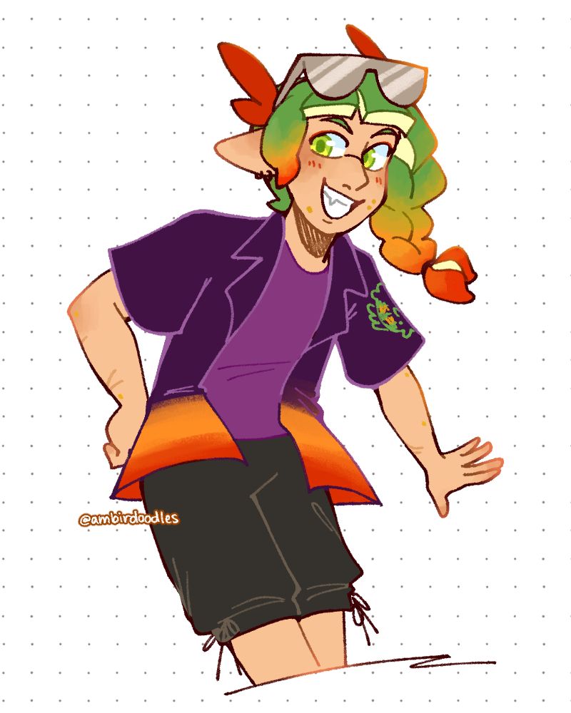 a drawing of a green-haired inkling with the side braid hairstyle, wearing the lo-vis visor and a purple open shirt with orange stripes