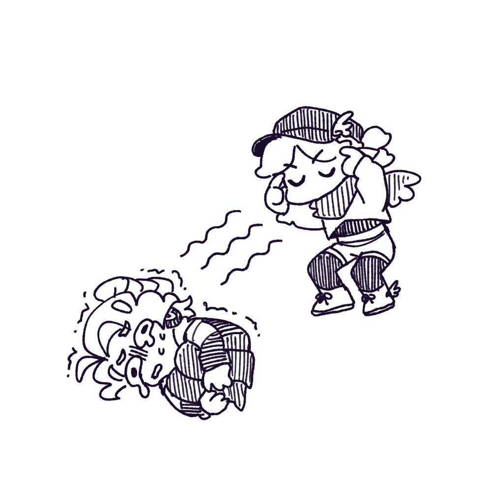 a doodle of amb with their eyes shut transmitting their period cramp pains to silver, who is a sobbing shaking mess curled up on the ground