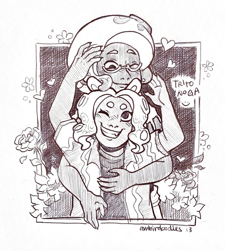 a hatchy sketchy monochrome ballpoint pen drawing of trito and kinoga, toldentops’s octoling ocs! kinoga is holding trito from behind as trito reaches up to them from in front. they’re looking at each other and smiling!