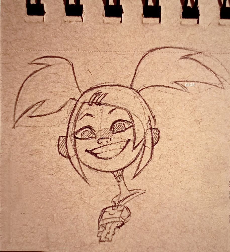 Ballpoint pen headshot sketch of Sari from "Transformers Animated" on brown paper. She's facing left in 3/4 view, slightly from below. She's smiling widely and carrying the allspark key around her neck. 