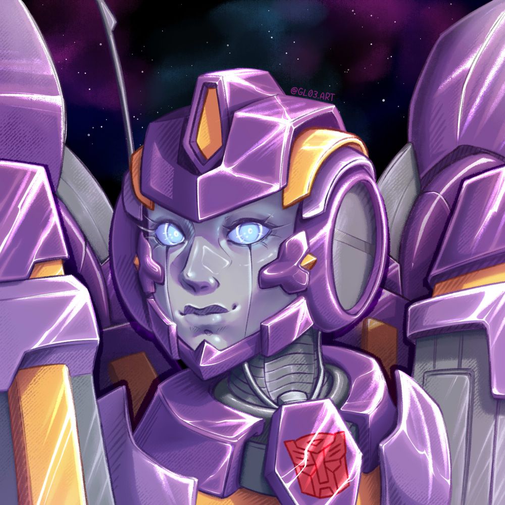 Digital portrat drawing of Nautica from the IDW "Transformers More than meets the eye" comics. She's has her head turned to the left, her body facing right. Her eyes stare into the "camera", she is smiling. There's a galaxy background with stars behind her. Her colorful metal parts shine in the light, the gray parts are less shiny. The Autobot badge on her collar (?) is partially obscured by light. 