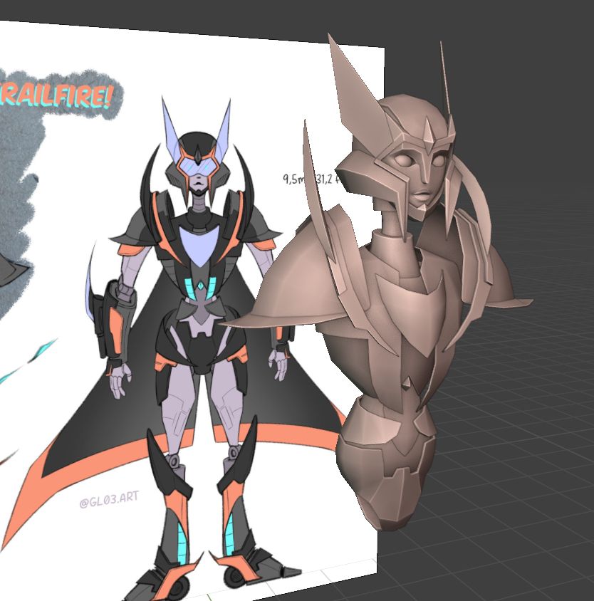 A Blender Screenshot. In the back of the scene is a reference photo of a black and orange femme Mech. She has a windshield on her chest and wings, facing downward like a cape. In the foreground, a little to the right, is the same character in 3D. It's a work-in-progress so the arms, legs and wings are still missing. The 3D model is fully beige, not yet textured. 