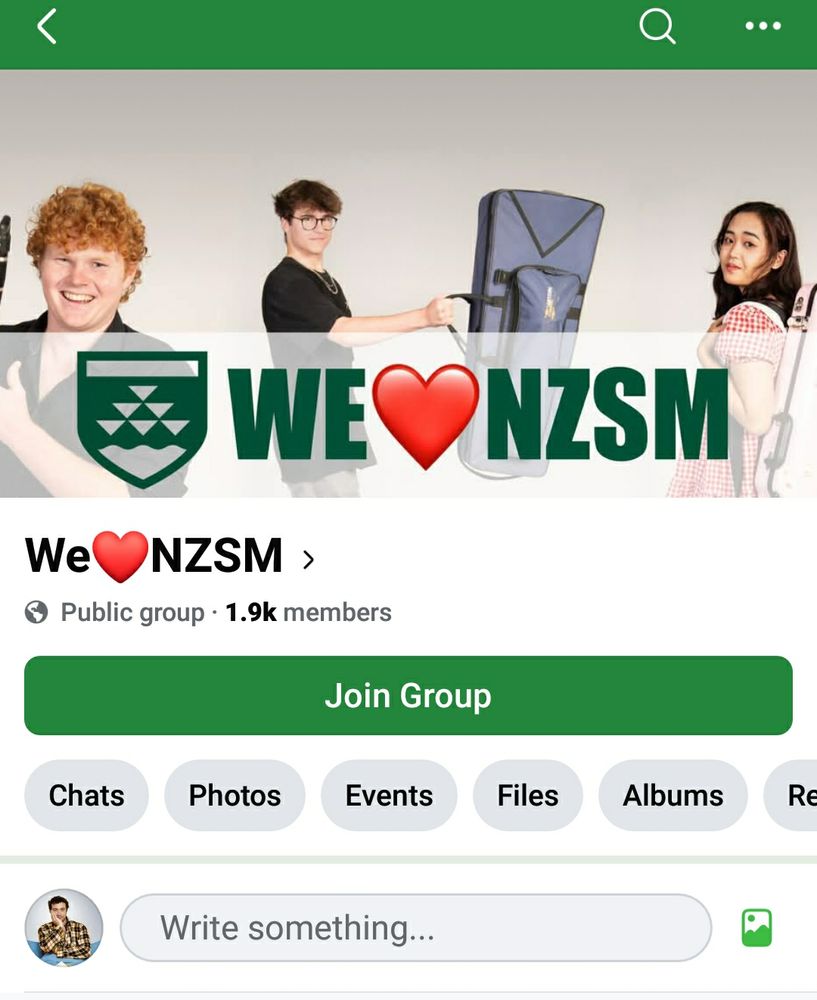 a screenshot of a Facebook group for the New Zealand School of Music. the banner, which was changed yesterday, is "We ❤️ NZSM" which, uh. isn't great. 