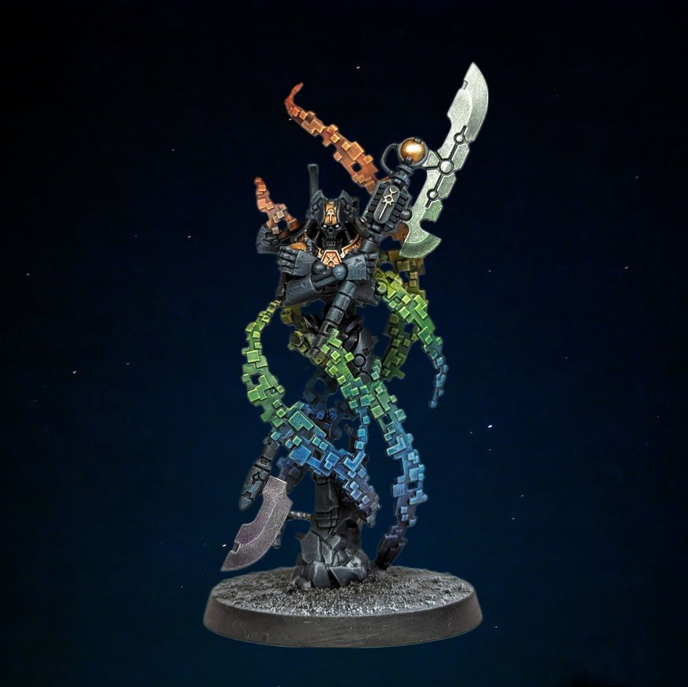 Model I painted. Black necron with rainbow swirly translocation magicy science squares against a starry background.