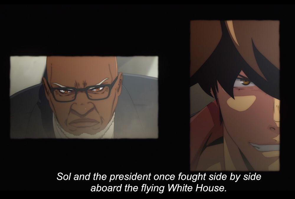 President Vernon next to Sol Badguy. Narration/subtitle: "Sol and the president once fought side by side aboard the flying White House."