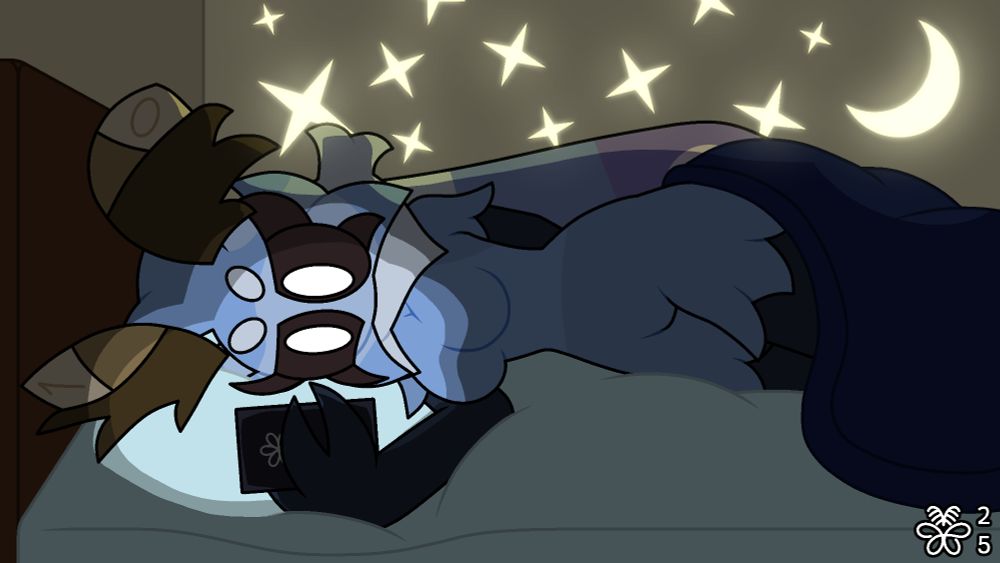 Aekii laying on bed while using her phone as the blanker covers her legs and the background's phosphorescent decals glow behind her