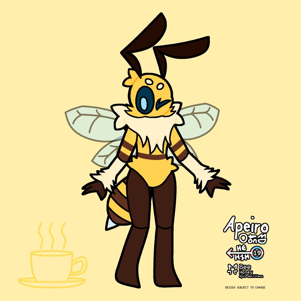 Apeiro winking; a subtle lineart of a coffee cup in the background