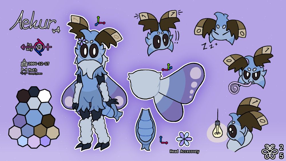 Reference sheet 4 of Aekur

"he/any genderfluid 20"

"birthday 2004-12-17" (December 17, 2004)
"Moth; luna+polyphemus"
