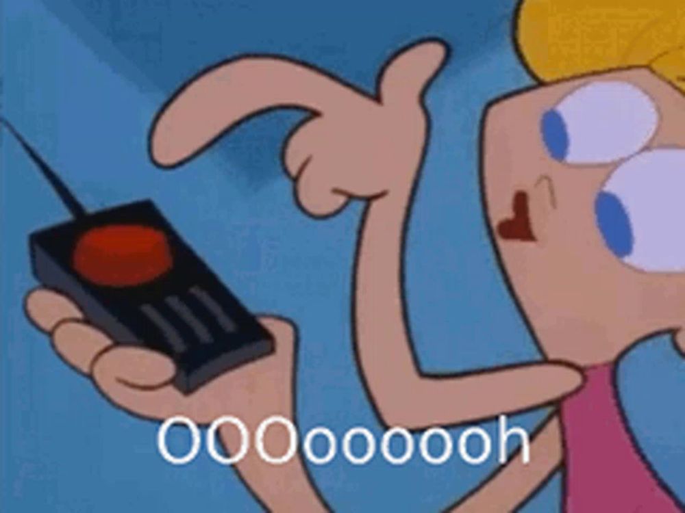 a cartoon character is holding a remote control and pointing at it with the words oooooooh below it