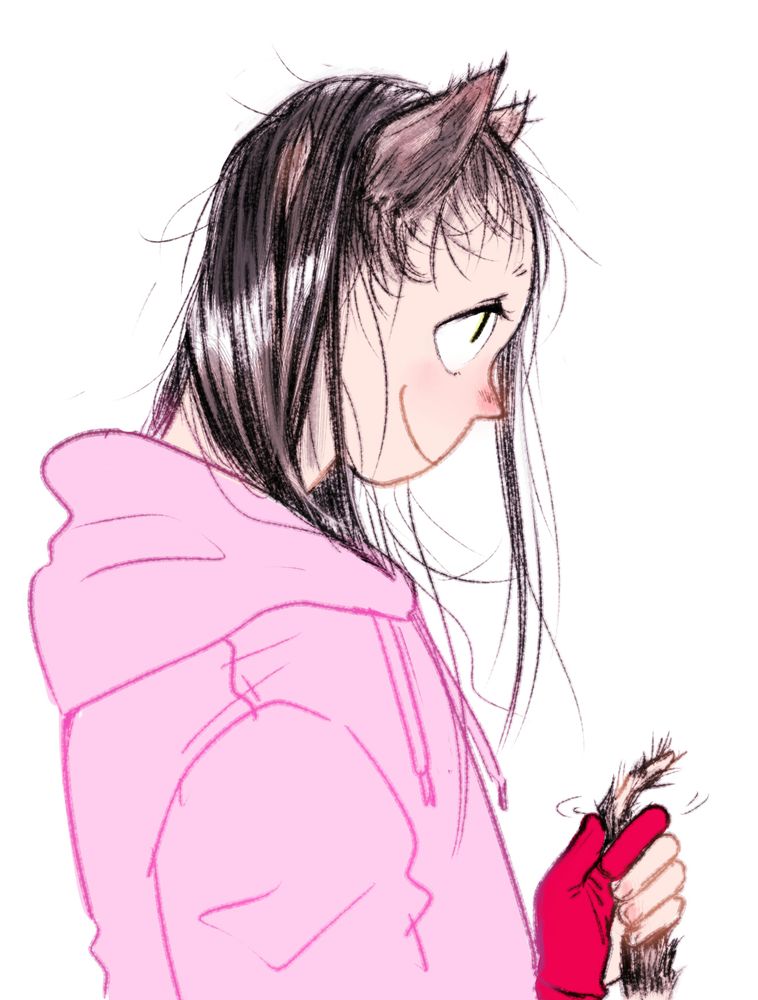 profile of a young catboy with large eyes, a tiny pointy nose and a large smile despite their timid look. He wears a big pink hoodie. His hair and hairs on the tail are patchy, as is usual for the lykoi cats breed.