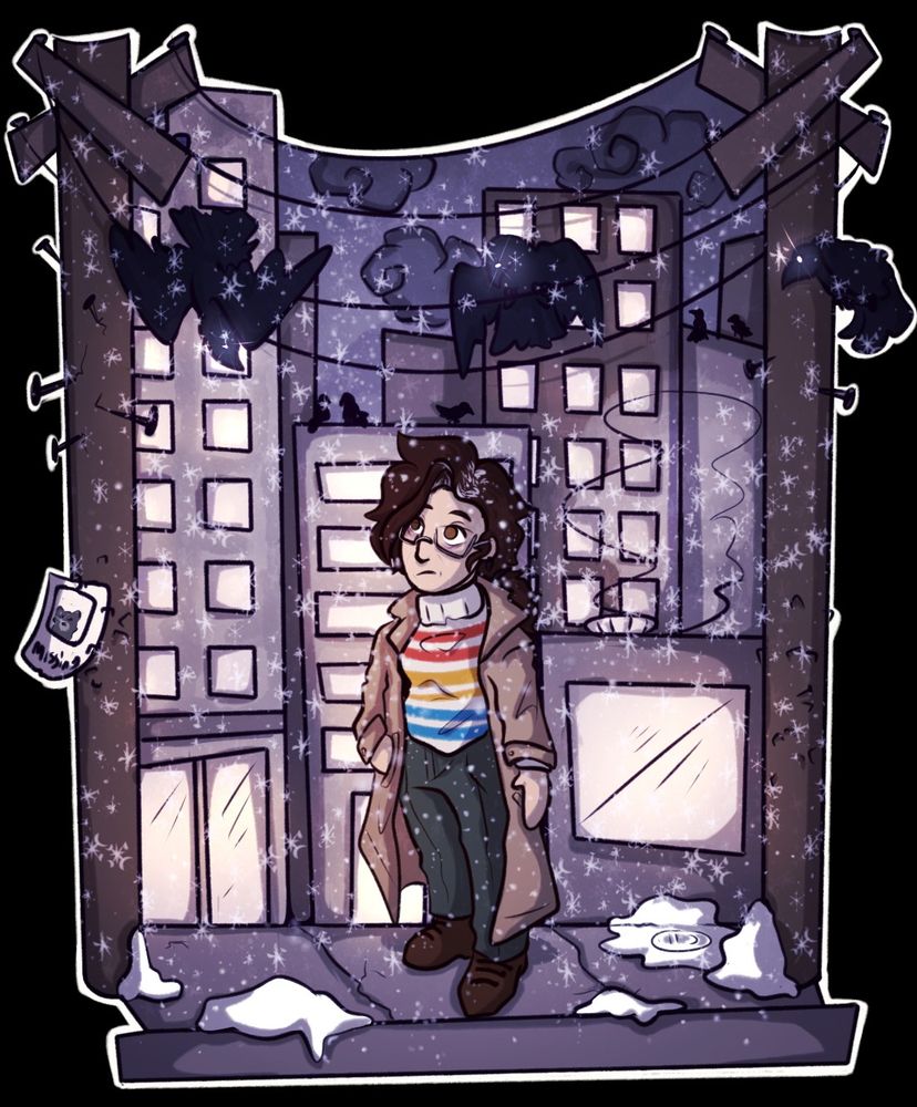 Mick on a snowy street in New York, a murder of crows watches her from above.