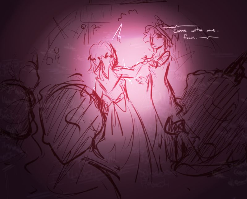 Imogen and Philomena first meeting. Philomena draws a distressed Imogen into a dance.