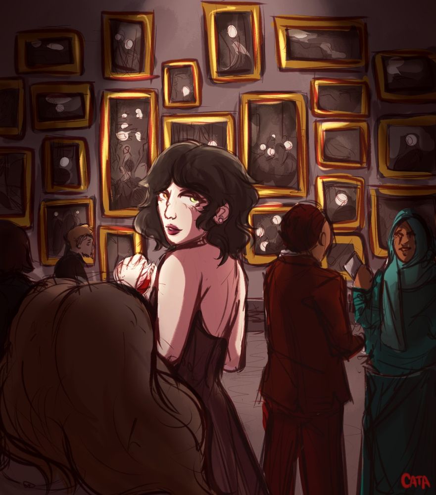 Nickie looking over her shoulder at the viewer amidst a crowded gallery