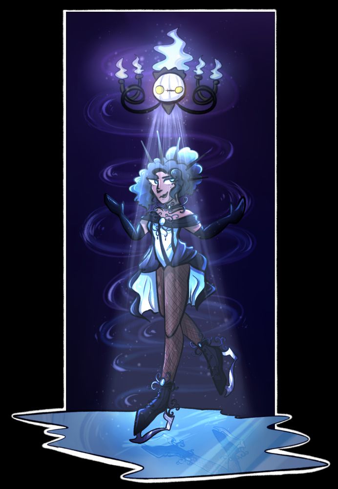 Veronica is ice skating, her Chandelure pokemon provides a spotlight