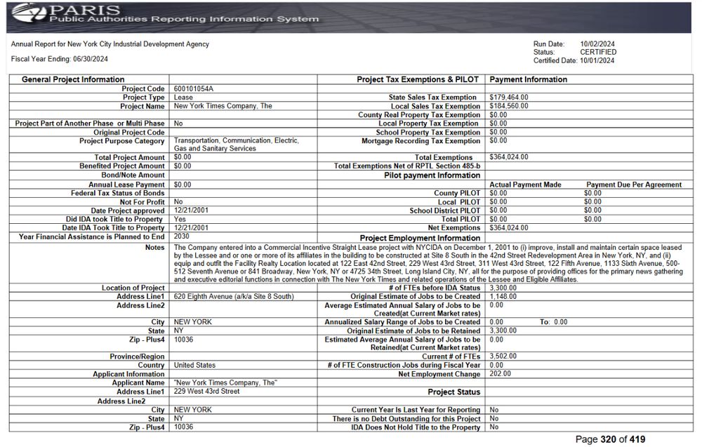 A copy of the Public Authorities Reporting Information System entry for 600101054A, a lease with the New York Times Company. See page 320 of https://edc.nyc/sites/default/files/2024-10/2024%20PARIS%20Annual%20Report%20for%20NYCIDA.pdf