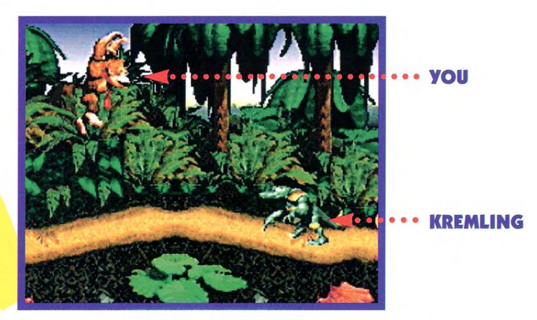 a screenshot of DK Country from the manual with DK and a Kremling with a dotted line to DK saying "you" and a dotted line to the Kremling saying "Kremling"