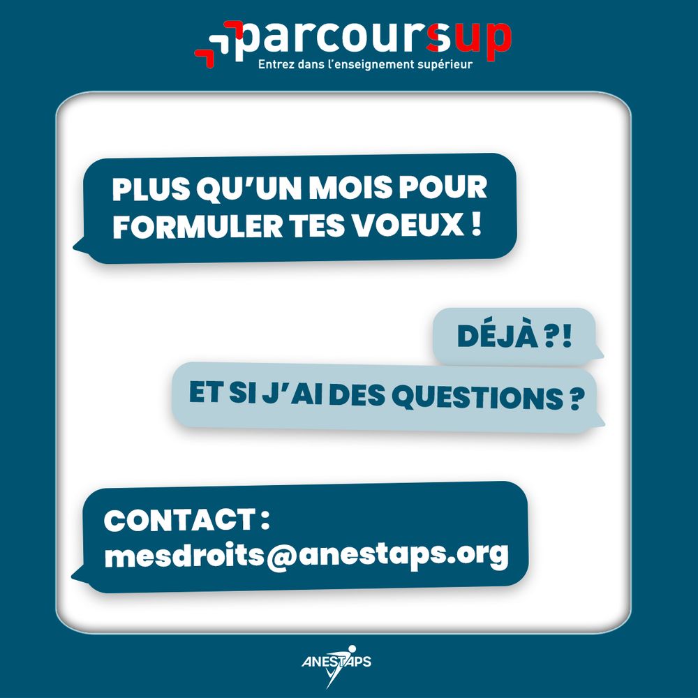 Visuel sous forme de conversation message. « Plus qu’un mois pour formuler tes vœux ! » « Déjà? Et si j’ai des questions? » « Contact : mesdroits@anestaps.org » Avec le logo de parcoursup en haut et celui de l’ANESTAPS en bas