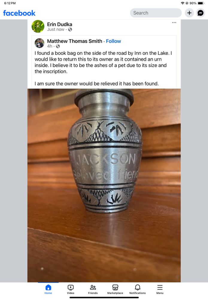 A found urn in Fall River, Nova Scotia that says 'Jackson beloved friend ' 