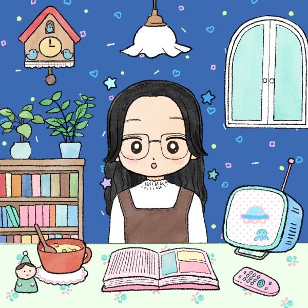 picrew icon of a girl with black hair and glasses with cute assorted objects in her room including a cuckoo clock, house plants, books and bookshelf, a red mug of soup, and blue mini tv set