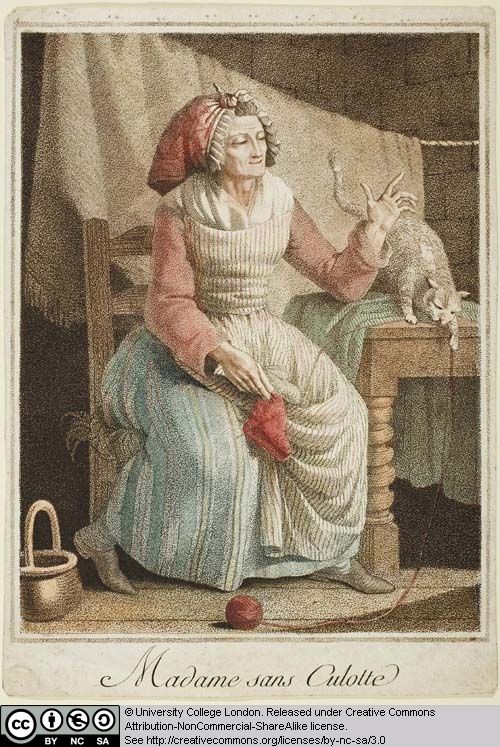 Madame Sans-Culotte: a revolutionary old lady, knitting a Phrygian cap, while her cat tries to play with the wool.