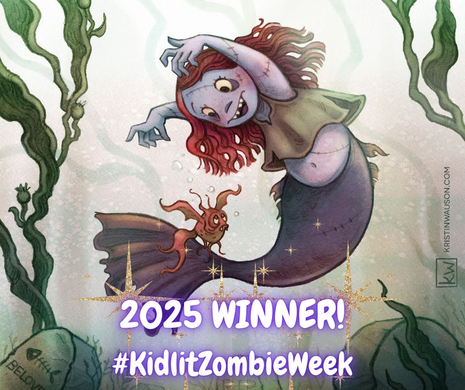 2025 Winner badge for Kidlit Zombie Week. Illustration of a mermaid zombie
