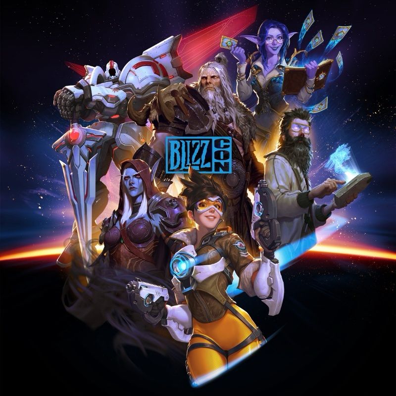 Blizzcon 2019 key art, featuring Sylvanas, Tracer from Overwatch, a Diablo barbarian, etc,