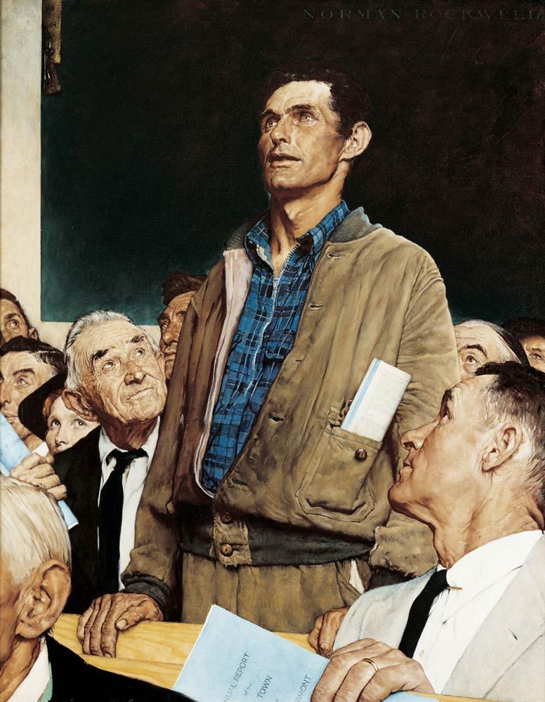 Norman Rockwell's Freedom of Speech painting, depicting a blue-collar middle-aged white (presumably American) man standing up and speaking during a public meeting, surrounded by seated attendees.