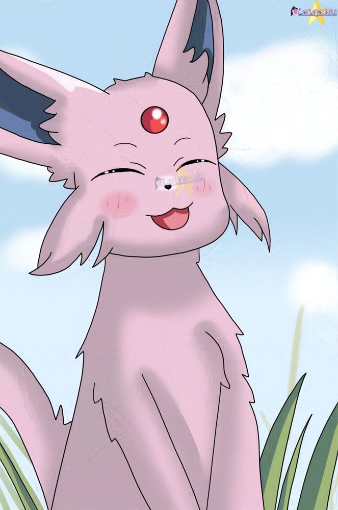 A drawing of an Espeon (lavender cat with red gem on its head), smiling.