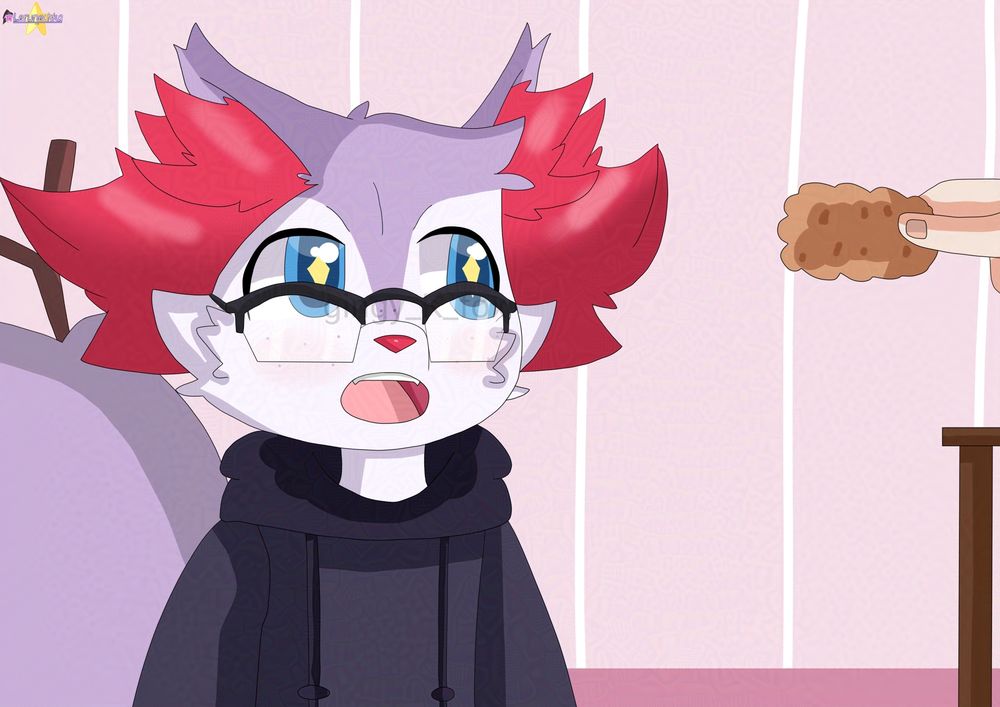 A drawing of a purple fox with red ear fluffs in the flame forms, wears violetish/dark-gray hoodie, has wooden stick in his tail. He's staring at the chicken nugget being held.