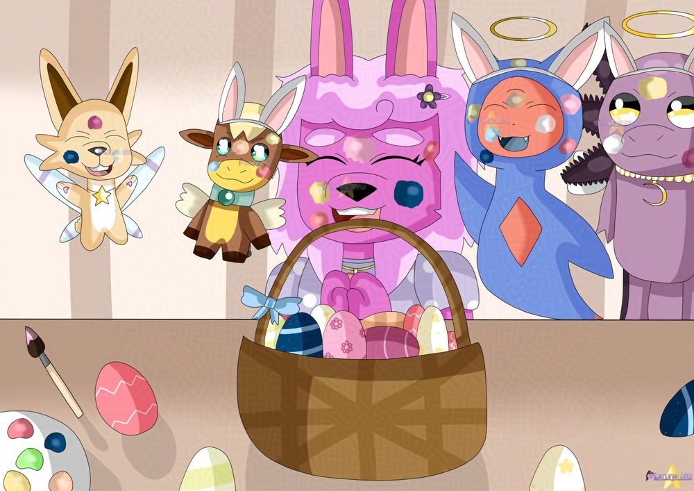A drawing of a pink hybrid bunny/alpaca, small light-yellow bunny with blue wings, a small brown ox with light-yellow wings, blue sea angel (sea slug) with a yellow halo and a purple axolotl with yellow halo and small white wings, smiling in a front of casket full of Easter (multicolored) eggs. All of animals' faces are covered in paint. The ox, sea angel and axolotl are wearing bunny ears headbands.