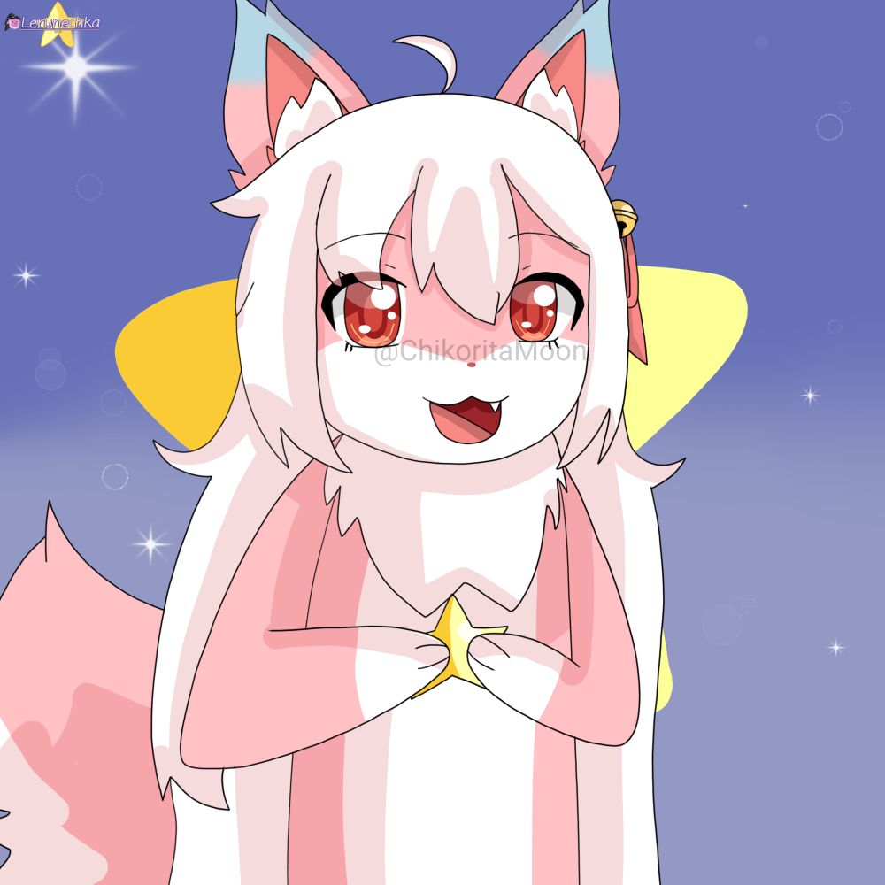 A drawing of a pink/white cat with long white hair, holding a golden star. Blue background with golden star and white sparkes.