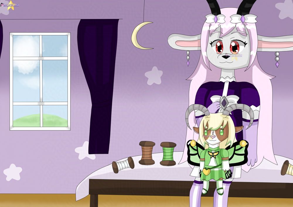 A drawing of a gray goat with long light-pink hair, black horns, white bows with light-purple diamonds on her head, wears earings with grey circles and light-purple diamonds, dark purple shirt with white bow and grey diamond, light-purple skirt and boots, sitting in the bedroom on the bed surrounding by threads, sewing a brown/white fairy goat plush that has light-blonde hair dyed light-green, long gray horns, antennas with yellow orbs on their tips, wears green/white shirt with bow resembling yellow butterfly, green skirt, yellow heart-bag, white socks and dark green shoes and has green butterfly wings.