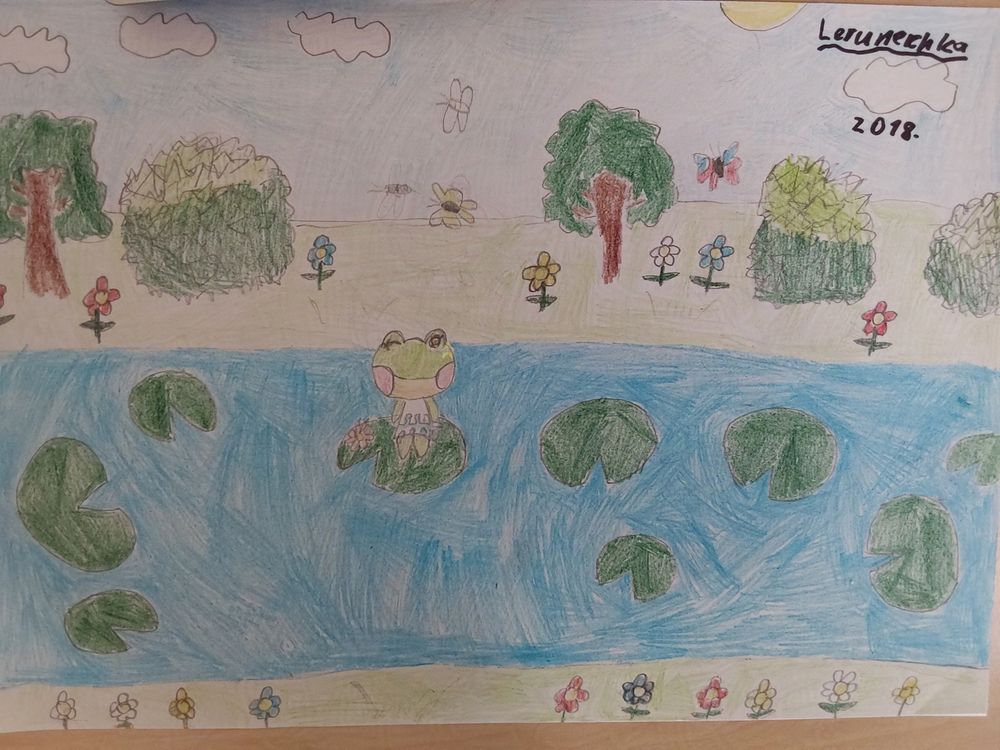 A traditional drawing of a green frog in a white dress, standing on a waterlily leaf. A few of them are swimming are also swimming in a river. Flowers and trees are also in a background.
