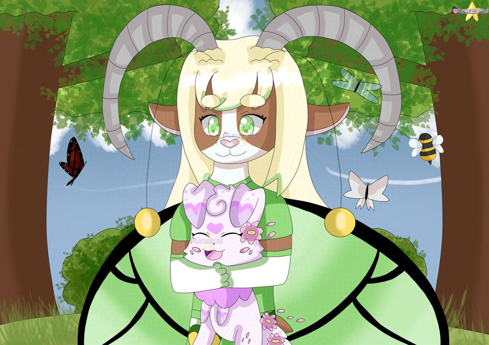 A drawing of a brown/white goat with big green butterfly wings on her back, has big gray horns and antennas with yellow orbs on their tips on her hear, wears green shirt and green skirt with white stripe on it, yellow bag. She's holding a light-pink puppy/bunny with pink floof, has a pink heart between her close eyes. Pink flowers are floating near her.

Both goat and puppy/bunny are surround by the butterflies, dragonfly and bee in the forest.