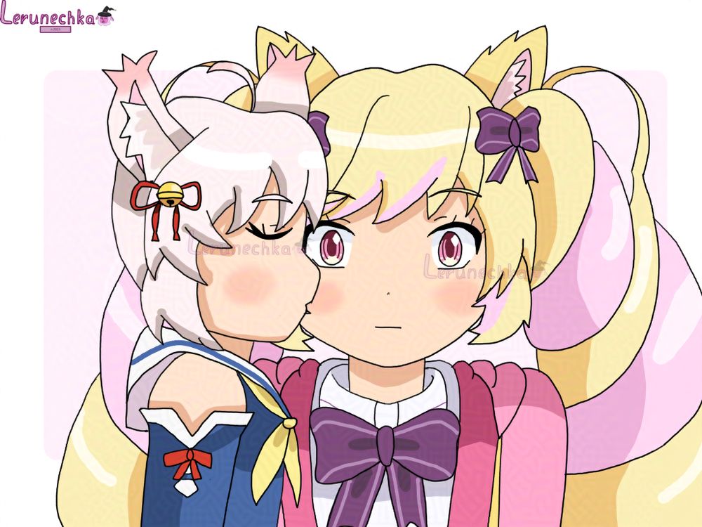 A drawing of an anime girls with animal ears. A girl with short light pink hair and fox ears kissing a girl with blonde/pink curly twintails in the cheek. White background with light pink square.