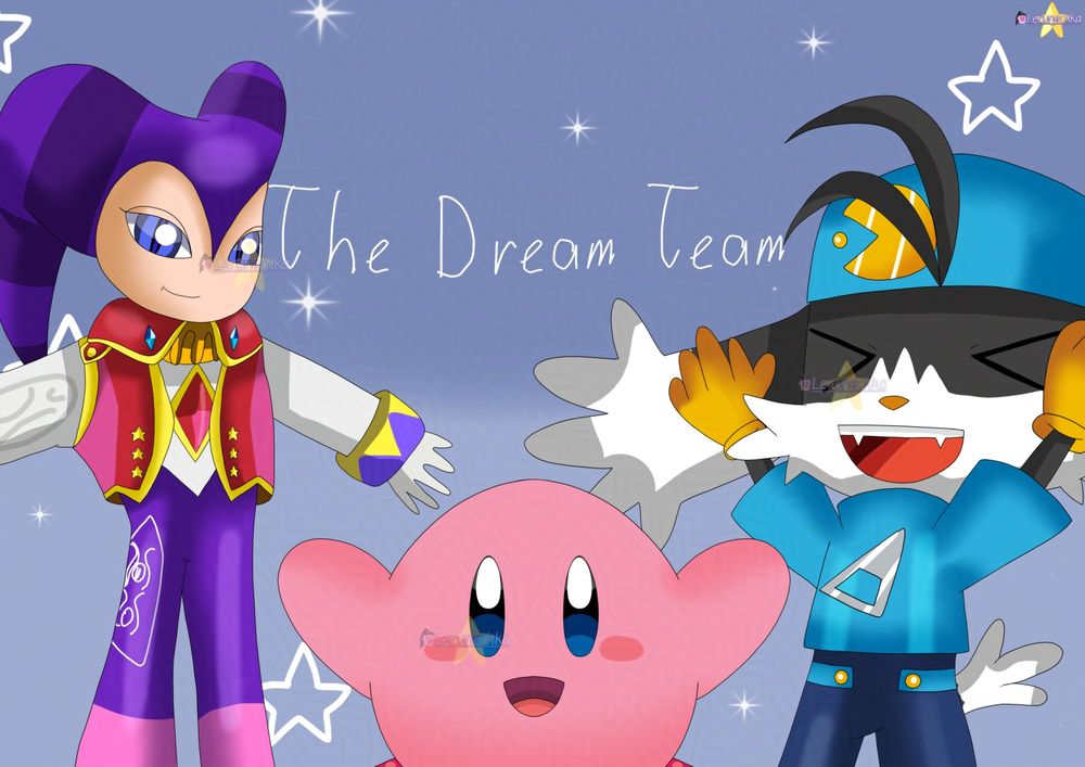 A drawing of a purple jester wearing pink/red jacket, white shirt, has a red diamond in the middle of it, pink puffball and black/white cabbit, wearing a blue cap/jacket and dark blue pants, all happy.

Text: The Dream Team