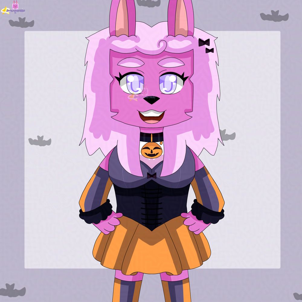 A drawing of a pink hybrid bunny/alpaca, wearing a Halloween-themed (dark lavender/dark/purple and orange) outfit with two dark-purple bows on her head and dark purple collar with an orange pumpkin.