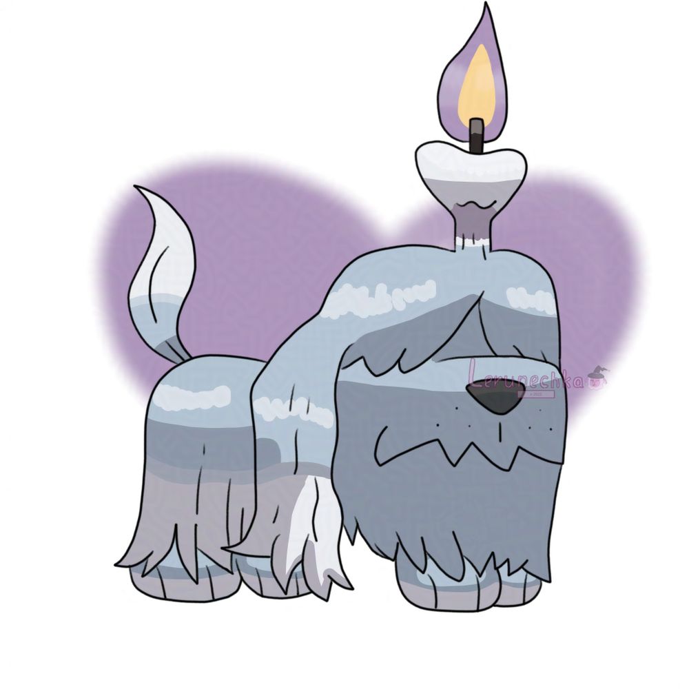 A drawing of a gray dog with a long hair covering its ears, a top of it resembles a candle with purple/yellow flame on it.