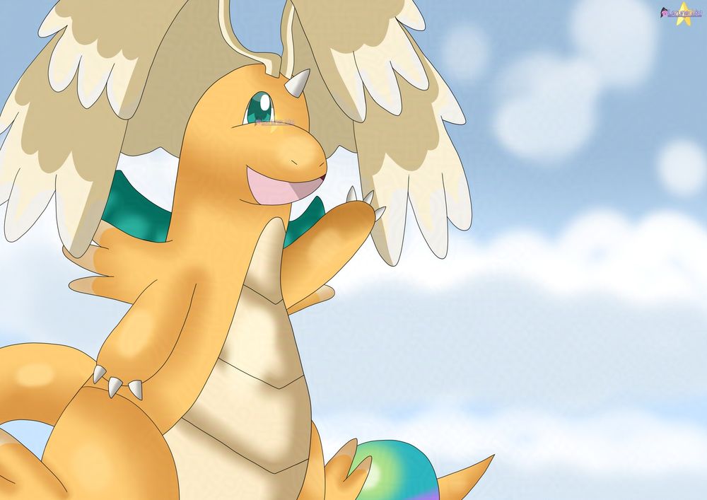 A drawing of a big orange dragon with a dark teal eye, cream-colored bird wings on his head, white horn on his forehead, white claws on his paws, small dark-teal bat wings on his back, has a cream-colored belly. He has a teal orb on his tail. Cloudy sky background.