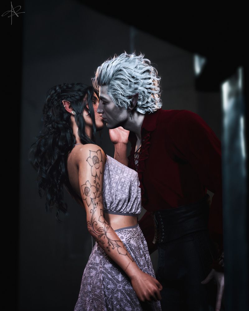 Astarion and Rajiyah kissing