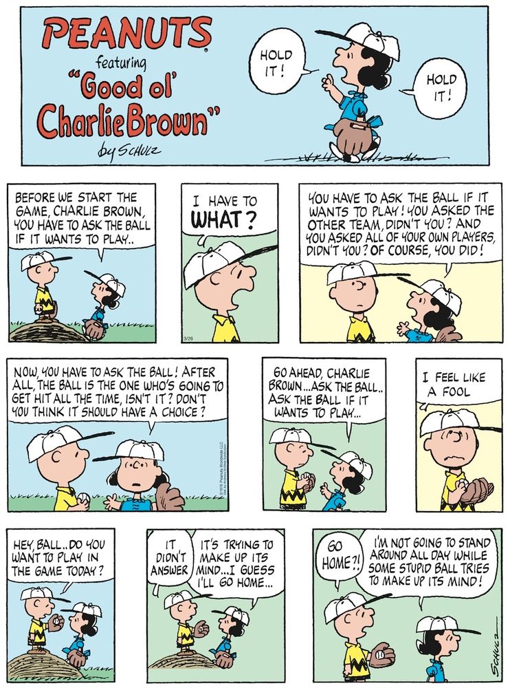 A Sunday Peanuts cartoon with Charlie Brown & Lucy playing baseball.

Lucy: Hold it! Hold it!

Lucy: Before we start the game, Charlie Brown, you have to ask the ball if it wants to play..

Charlie Brown: I have to WHAT?

Lucy: You have to ask the ball if it wants to play! You asked the other team, didn't you? And you asked all of your own players, didn't you? Of course you did!

Lucy: Now, you have to ask the ball! After all, the ball is the one who's going to get hit all the time, isn't it? Don't you think it should have a choice?

Lucy: Go ahead, Charlie Brown... Ask the ball.. Ask the ball if it wants to play..

Charlie Brown: I feel like a fool

Charlie Brown: Hey, ball.. Do you want to play in the game today?

Charlie Brown: It didn't answer 

Lucy: It's trying to make up its mind... I guess I'll go home...

Charlie Brown:Go home?!

Lucy: I'm not going to stand around all day while some stupid ball tries to make up its mind!