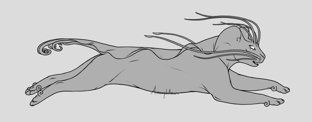Profile of a Cephalopod cat hybrid running to the right. it has very long tentacle whiskers and a fin along the back mantle with a six tentacle tail