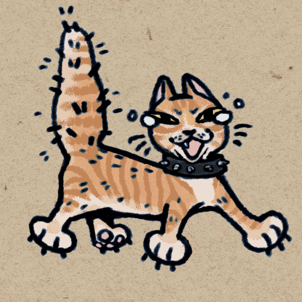 Cute drawing of an orange and white tabby cat with a puffed up tail screaming and crying 