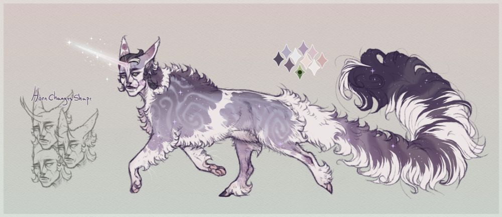 a soft purple sphinx with white cat like markings on the face imitating cat whisker pads and is piebald on the body. they have curly fur, marbled stripes full of sparkles, a glowing translucent unicorn horn, and a doubtful expression along with squid ears.