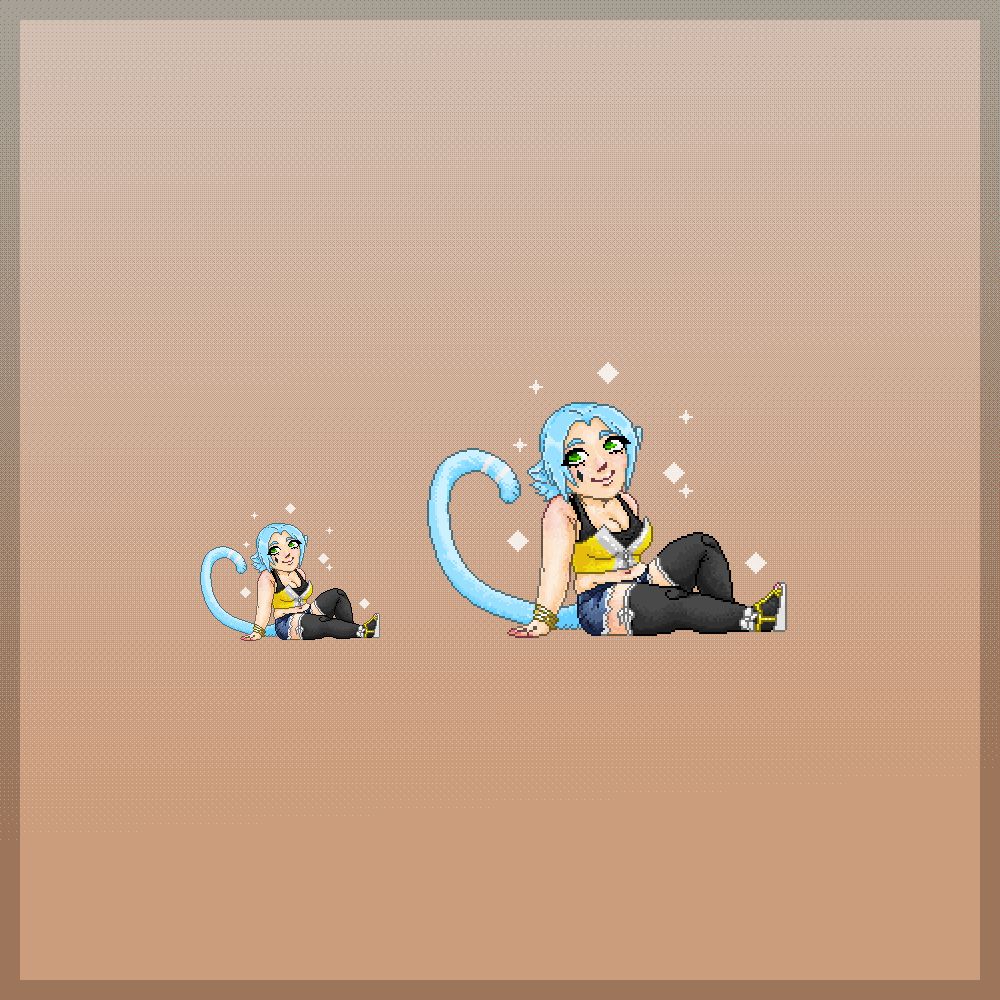 a blue cat girl with light skin sitting on the ground with one leg knee up smiling with sparkles around her