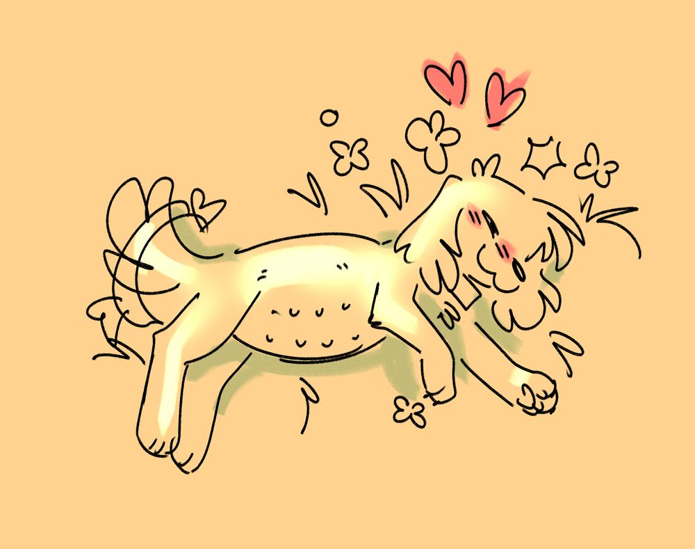 A feral pregnant version of my dog fursona laying in the sun with flowers and grass tufts and hearts around him wagging his tail looking happy :)