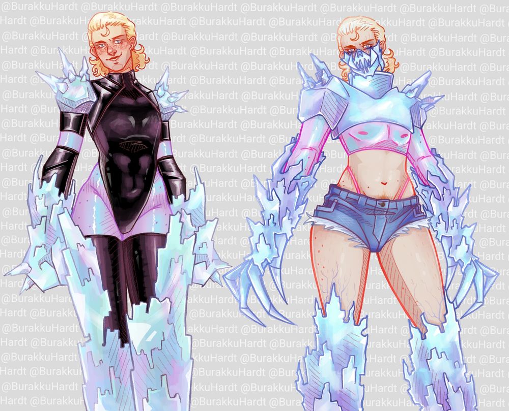 Two designs for @BurakkuHardt's OC Skylar, digital drawing.

The first is an all black spandex and pleather suit with purple/blue shimmering tights and under top, covered in spiked ice.

The second is the same purple/blue shimmer material under top, with nothing over it but spiked ice. As well as small jean shorts and a pink thong. He wears an ice muzzle.